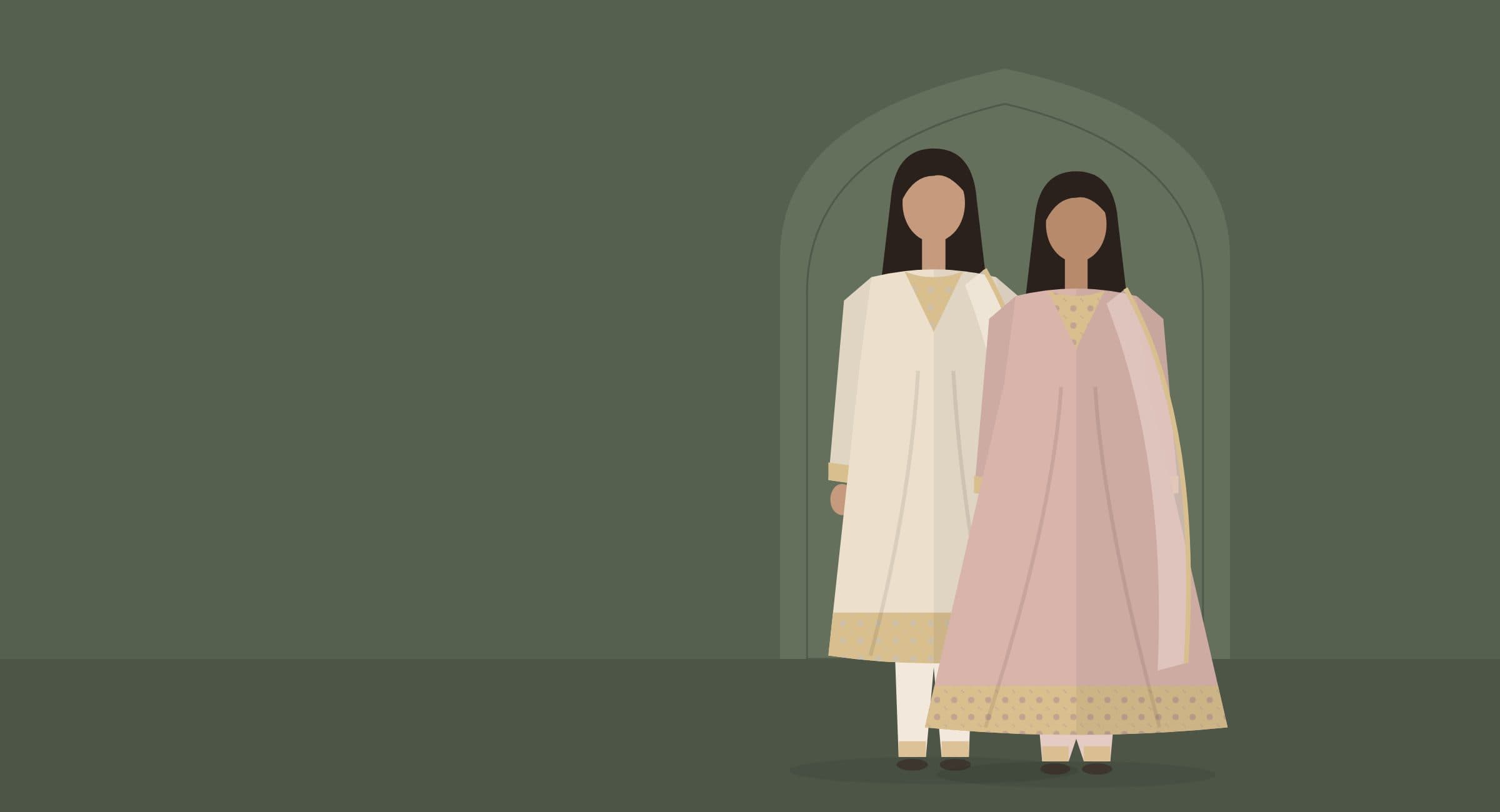 Two models in ivory and rose formals against a sage arch