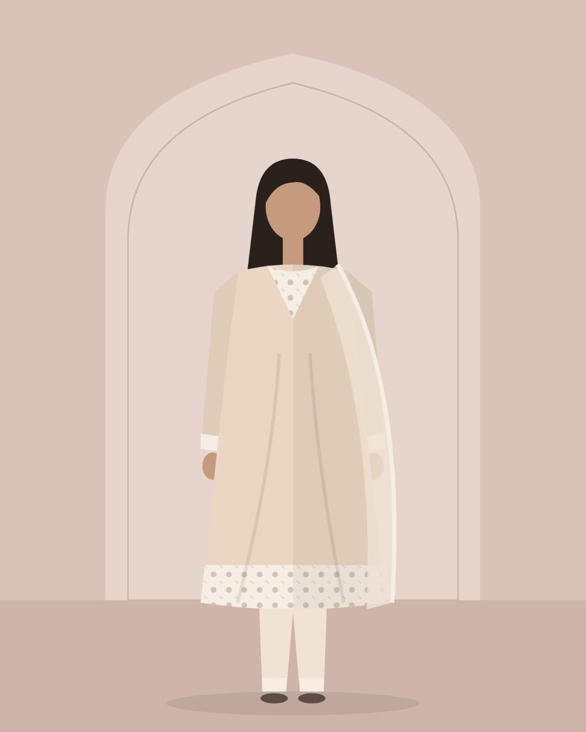Model in an ivory signature suit beneath an arch