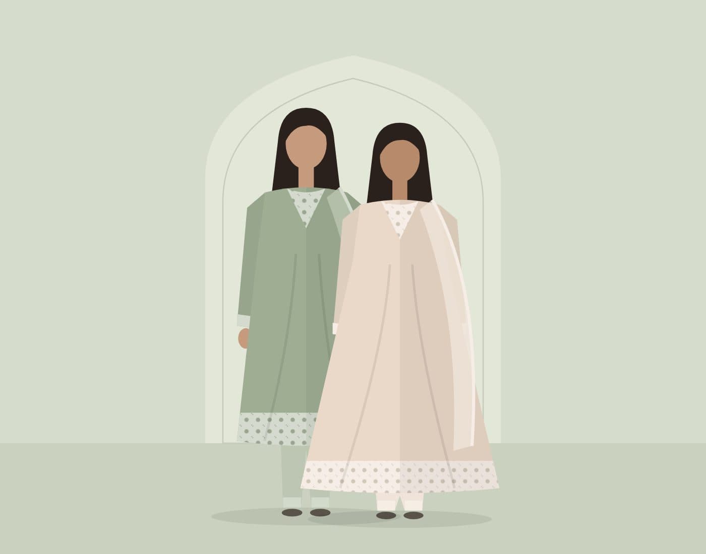 Two models in sage and blush lawn suits