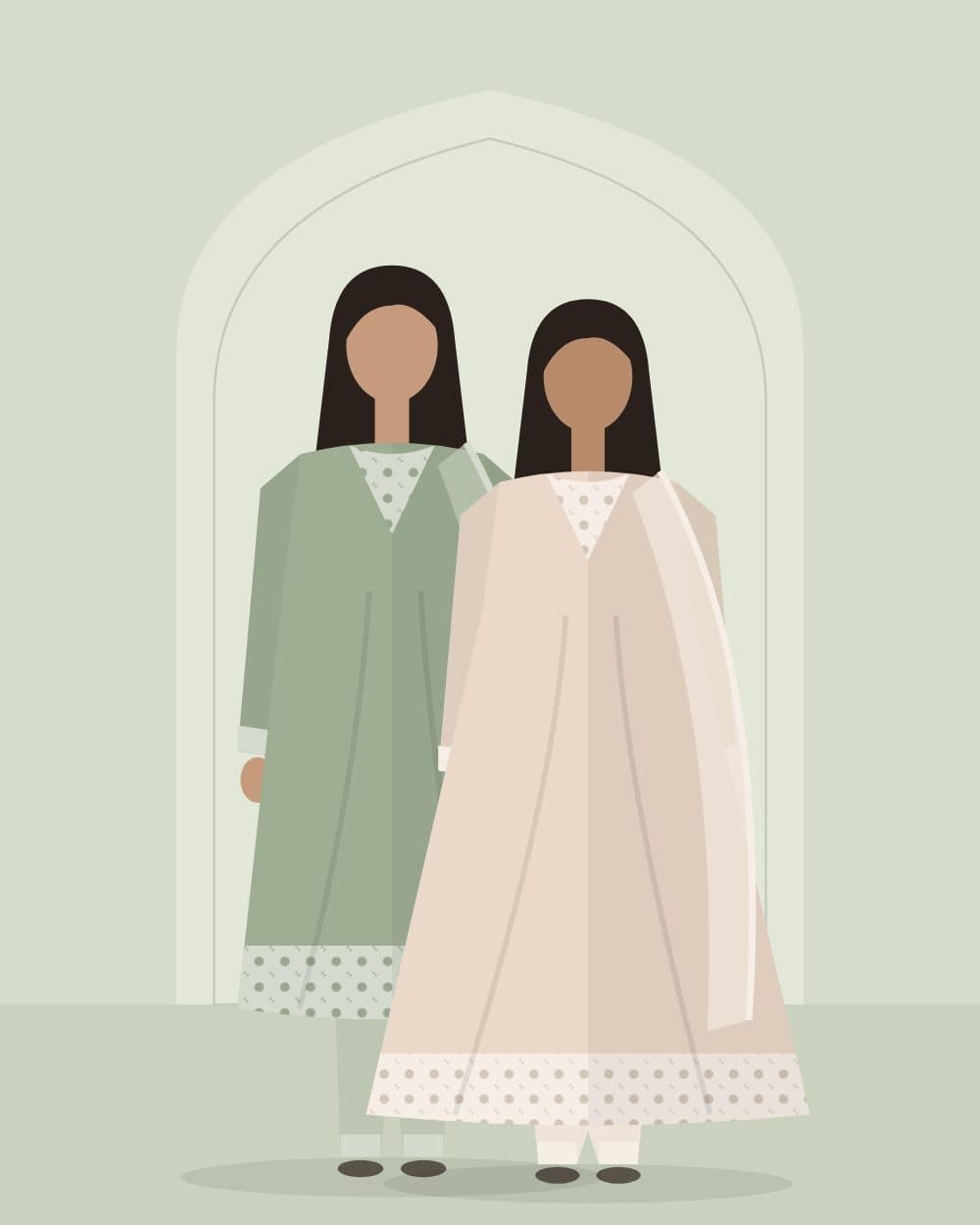 Models in sage and blush lawn suits