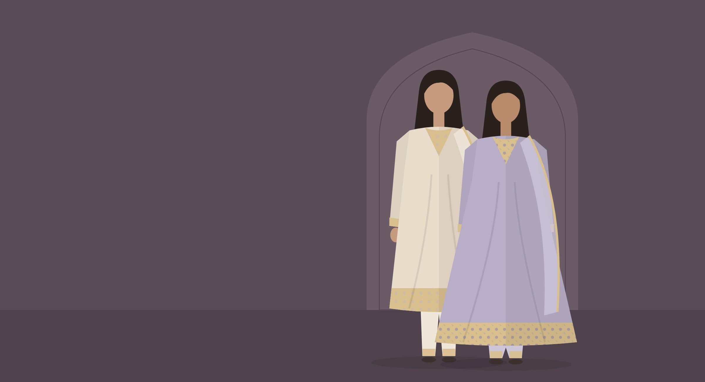 Two models in ivory and lavender suits beneath an arch in soft evening light