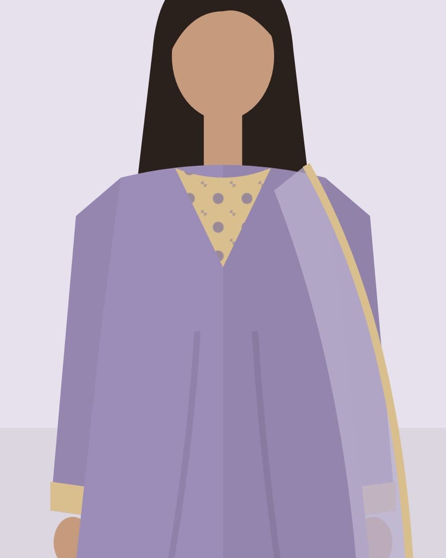 Violet organza shirt with soft gold tilla embroidery at the neckline