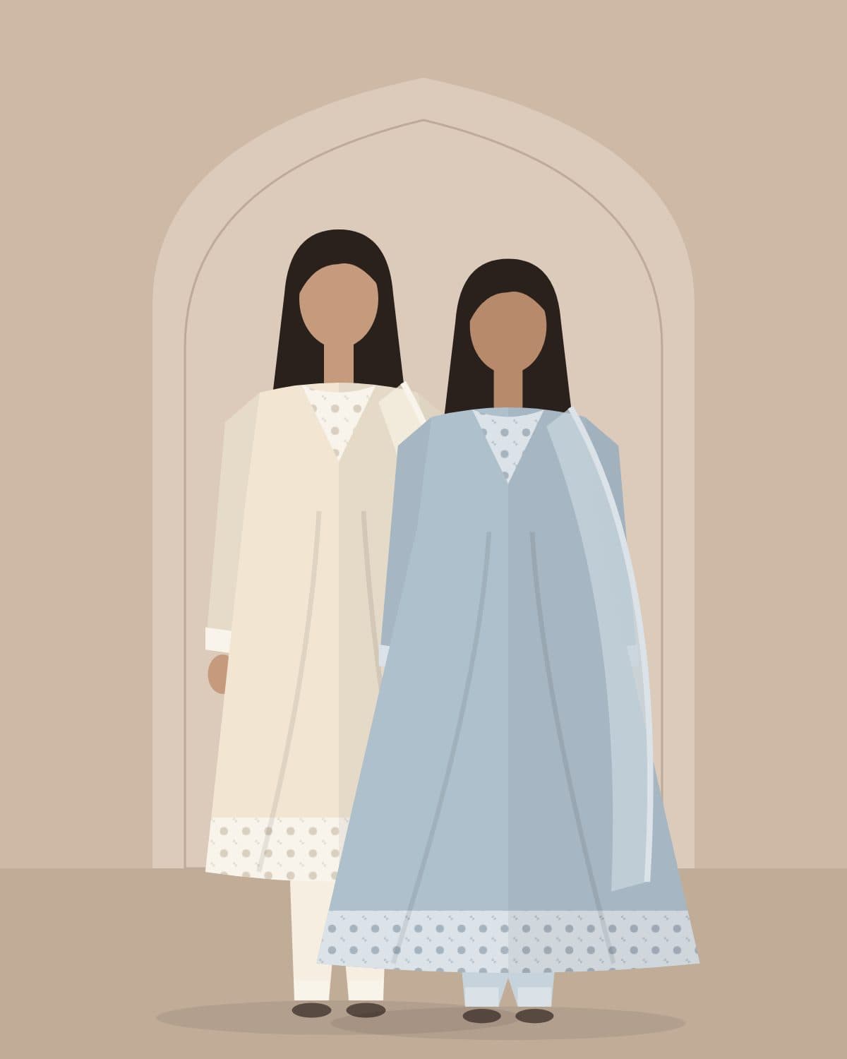 Two models in ivory and powder blue festive suits standing together beneath a carved arch