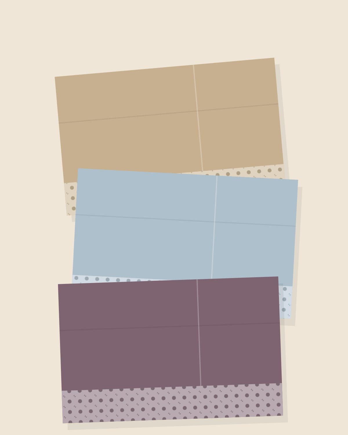 Folded swatches of sand cambric, powder blue lawn and plum raw silk laid flat