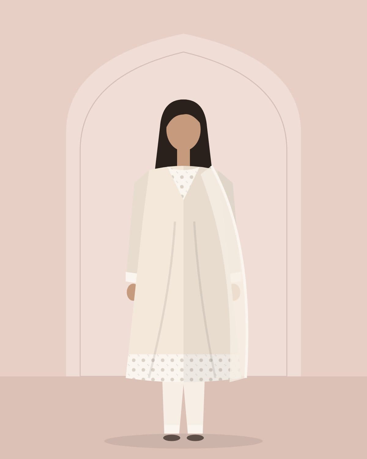 Model in an ivory festive suit with a sheer organza dupatta over one shoulder, standing beneath a blush arch