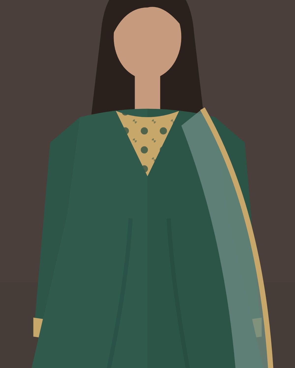 Close crop of an emerald raw silk angrakha with a gold zardozi neckline and a gold-edged dupatta
