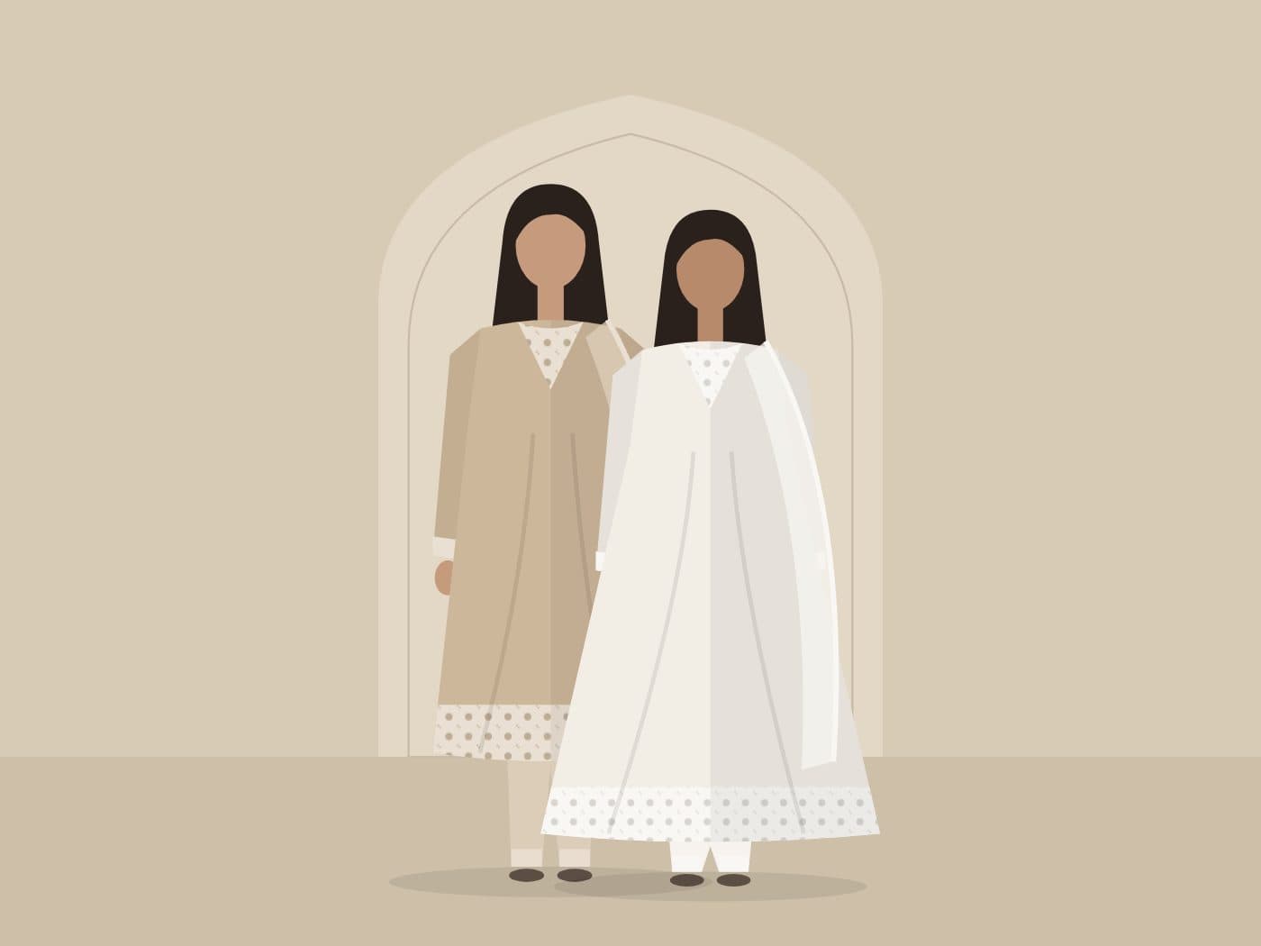 AURAQ Dubai Mall boutique arch with two mannequins in sand and ivory formals