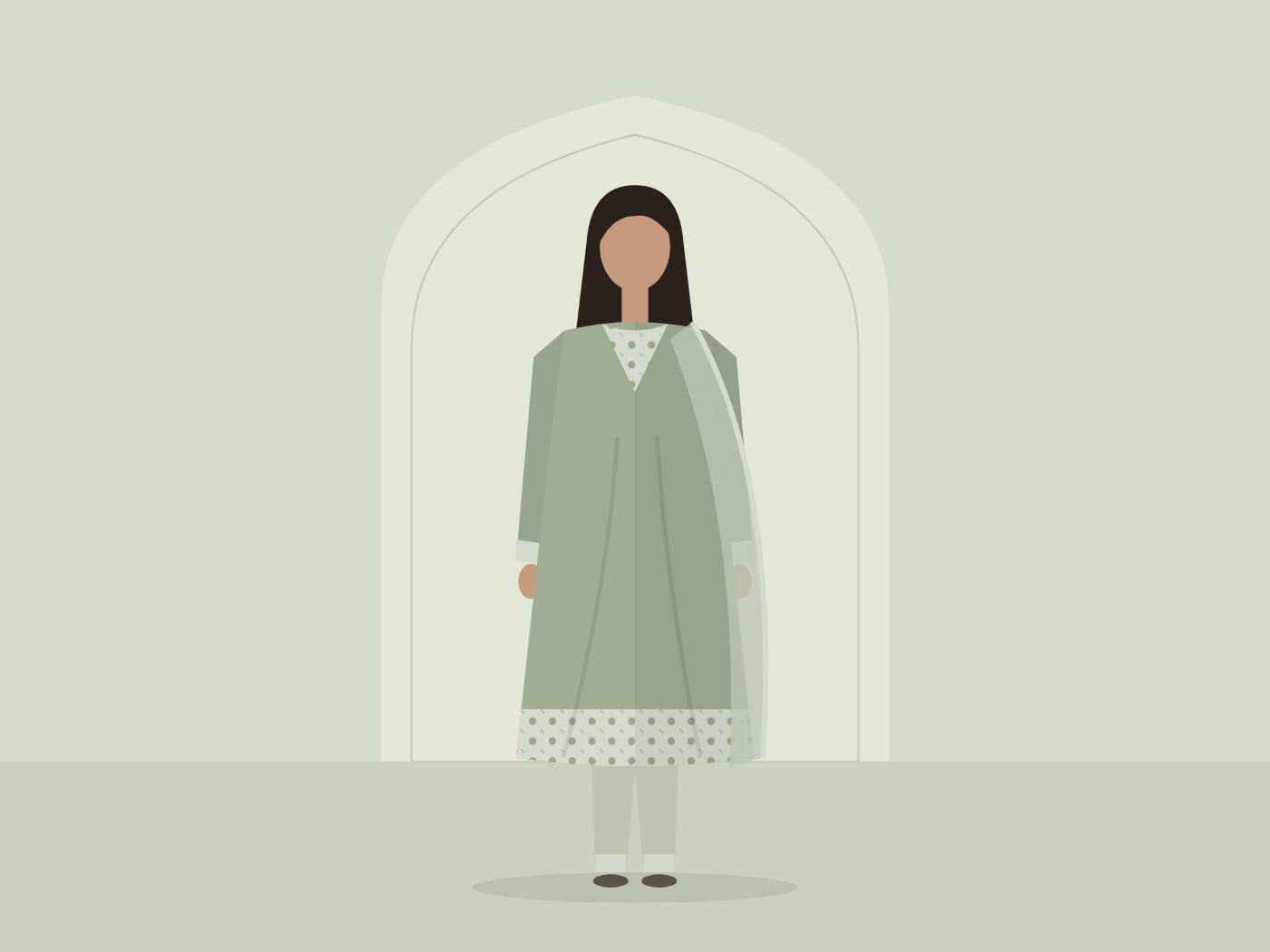 AURAQ Emporium Mall boutique arch with a mannequin in a sage lawn suit