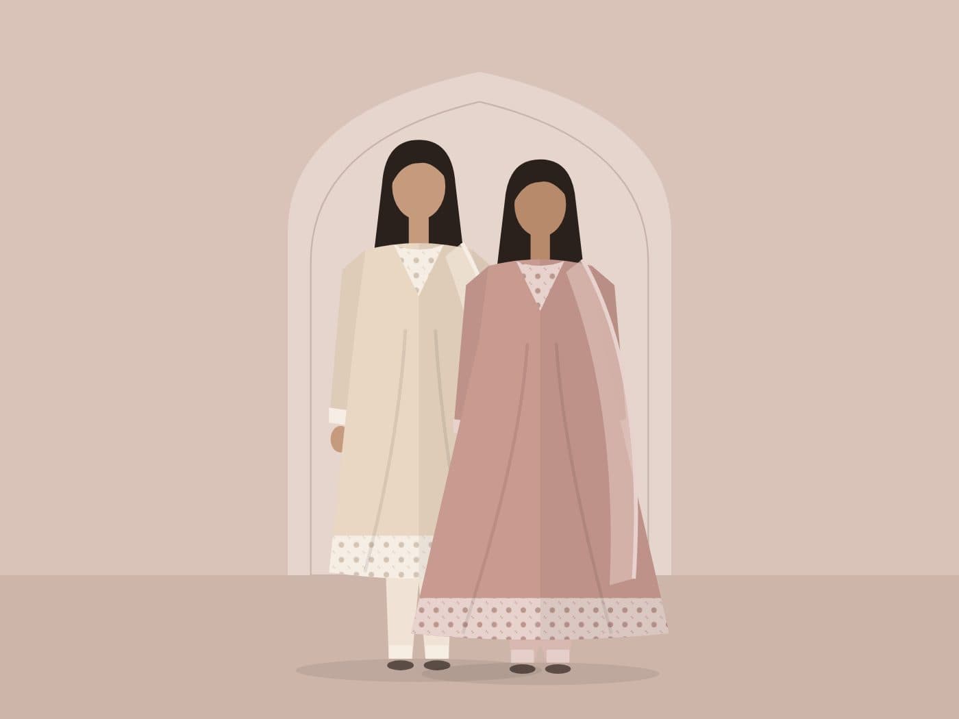 Window of the AURAQ MM Alam Road flagship: two mannequins in ivory and rose suits framed by a carved arch
